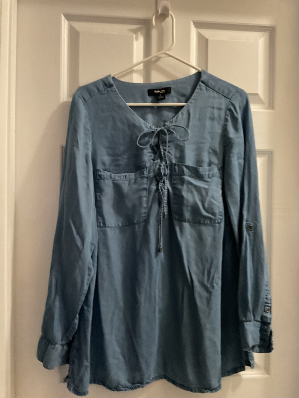 Style & Co. Chambray Lace-Up Neck Blouse - Light Blue